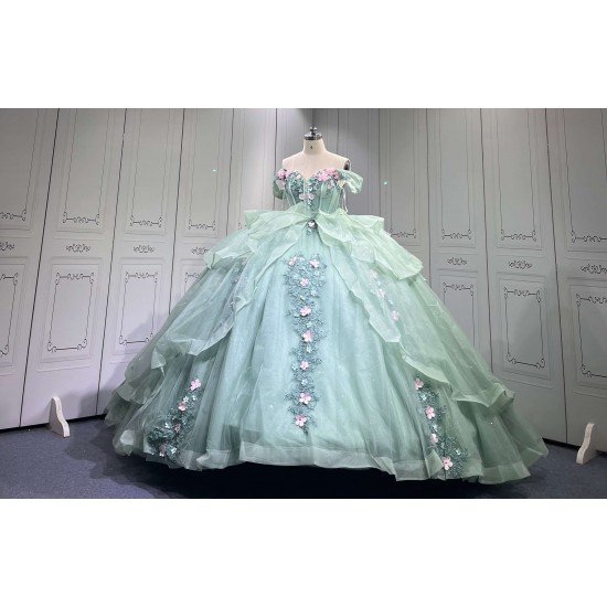 Mumuleo Two in One Sage Green Floor-Length Ball Gown Modern Satin Quinceanera Dresses Flowers Lace Print Knitted Short Sleeves