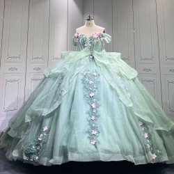 Mumuleo Two in One Sage Green Floor-Length Ball Gown Modern Satin Quinceanera Dresses Flowers Lace Print Knitted Short Sleeves