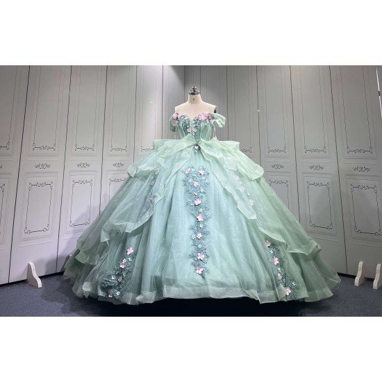 Mumuleo Two in One Sage Green Floor-Length Ball Gown Modern Satin Quinceanera Dresses Flowers Lace Print Knitted Short Sleeves