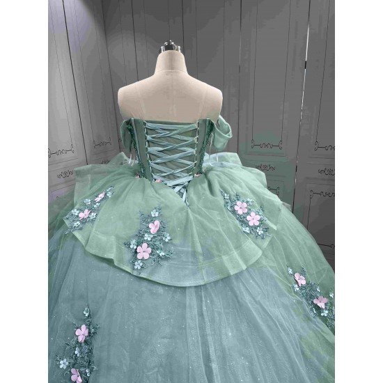 Mumuleo Two in One Sage Green Floor-Length Ball Gown Modern Satin Quinceanera Dresses Flowers Lace Print Knitted Short Sleeves