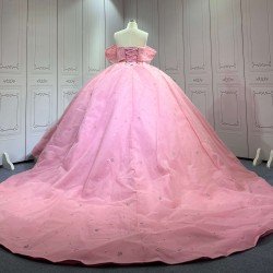 Mumuleo Pink Modern Ball Gown Floor-Length Quinceanera Dresses with Satin Chapel Train Beading & Lace Natural Waistline