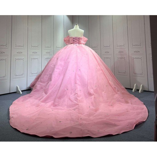 Mumuleo Pink Modern Ball Gown Floor-Length Quinceanera Dresses with Satin Chapel Train Beading & Lace Natural Waistline