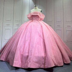Mumuleo Pink Modern Ball Gown Floor-Length Quinceanera Dresses with Satin Chapel Train Beading & Lace Natural Waistline