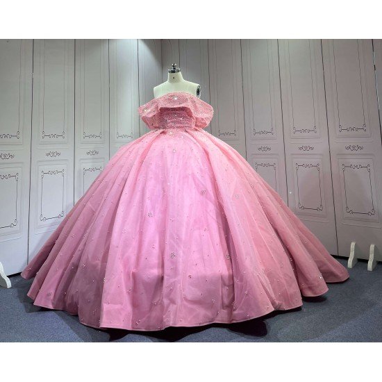 Mumuleo Pink Modern Ball Gown Floor-Length Quinceanera Dresses with Satin Chapel Train Beading & Lace Natural Waistline