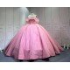 Mumuleo Pink Modern Ball Gown Floor-Length Quinceanera Dresses with Satin Chapel Train Beading & Lace Natural Waistline