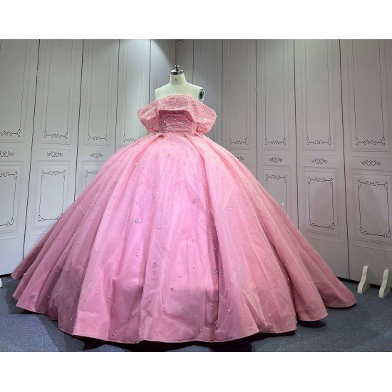 Mumuleo Pink Modern Ball Gown Floor-Length Quinceanera Dresses with Satin Chapel Train Beading & Lace Natural Waistline