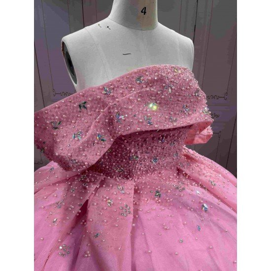 Mumuleo Pink Modern Ball Gown Floor-Length Quinceanera Dresses with Satin Chapel Train Beading & Lace Natural Waistline