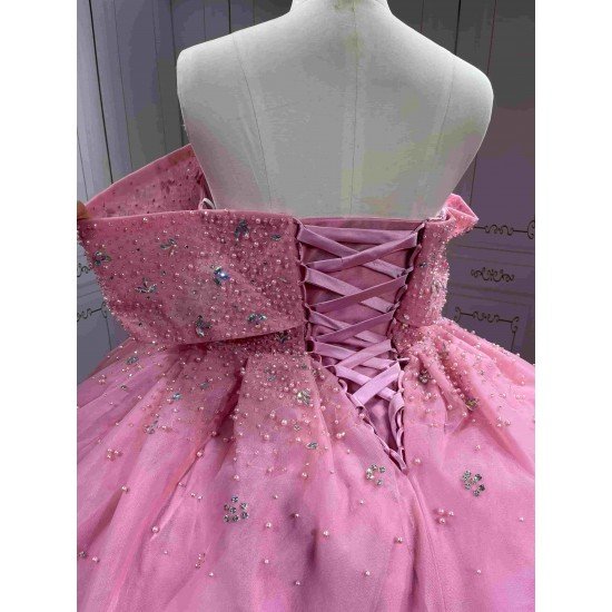 Mumuleo Pink Modern Ball Gown Floor-Length Quinceanera Dresses with Satin Chapel Train Beading & Lace Natural Waistline