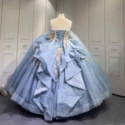 Mumuleo Dusty Blue Floor-Length Ball Gown Modern Satin Lace Beading Natural Waistline Print Quinceanera Dresses
