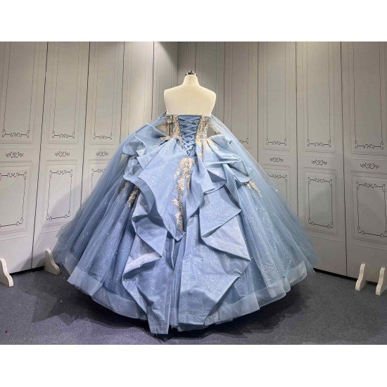 Mumuleo Dusty Blue Floor-Length Ball Gown Modern Satin Lace Beading Natural Waistline Print Quinceanera Dresses