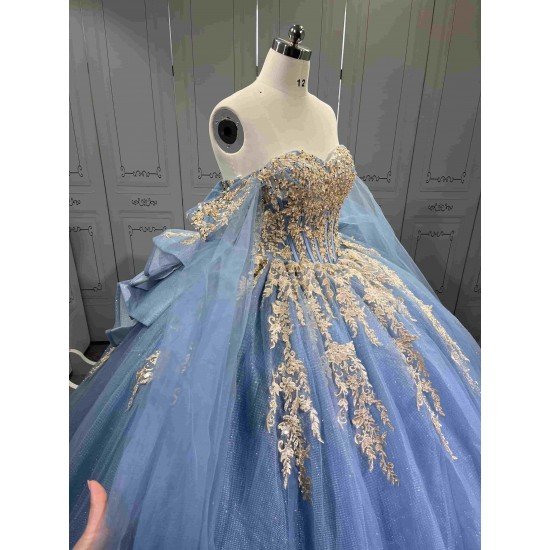 Mumuleo Dusty Blue Floor-Length Ball Gown Modern Satin Lace Beading Natural Waistline Print Quinceanera Dresses