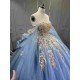 Mumuleo Dusty Blue Floor-Length Ball Gown Modern Satin Lace Beading Natural Waistline Print Quinceanera Dresses
