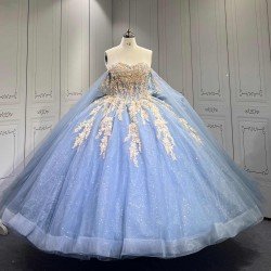 Mumuleo Dusty Blue Floor-Length Ball Gown Modern Satin Lace Beading Natural Waistline Print Quinceanera Dresses