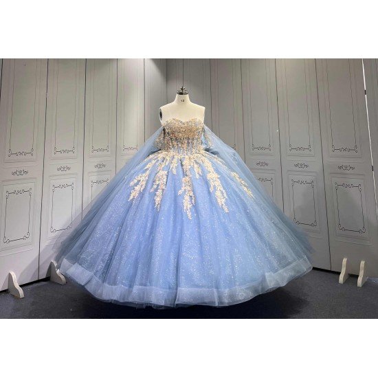 Mumuleo Dusty Blue Floor-Length Ball Gown Modern Satin Lace Beading Natural Waistline Print Quinceanera Dresses