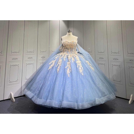 Mumuleo Dusty Blue Floor-Length Ball Gown Modern Satin Lace Beading Natural Waistline Print Quinceanera Dresses