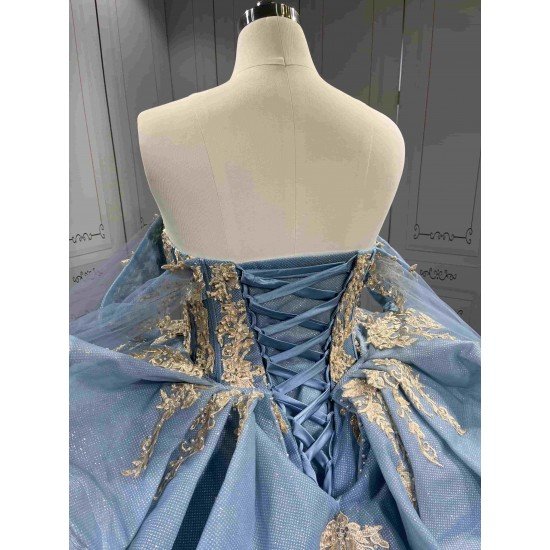 Mumuleo Dusty Blue Floor-Length Ball Gown Modern Satin Lace Beading Natural Waistline Print Quinceanera Dresses