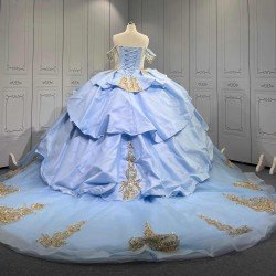 Mumuleo Sky Blue Gold Quinceanera Dresses Ball Gown Chapel Train Modern Satin Lace Print Natural Waist Teenagers Dresses 2026
