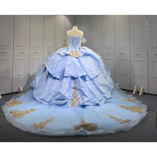 Mumuleo Sky Blue Gold Quinceanera Dresses Ball Gown Chapel Train Modern Satin Lace Print Natural Waist Teenagers Dresses 2026