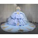 Mumuleo Sky Blue Gold Quinceanera Dresses Ball Gown Chapel Train Modern Satin Lace Print Natural Waist Teenagers Dresses 2026