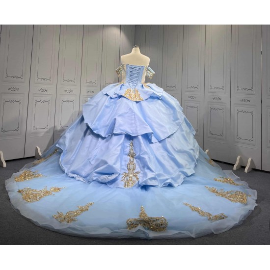 Mumuleo Sky Blue Gold Quinceanera Dresses Ball Gown Chapel Train Modern Satin Lace Print Natural Waist Teenagers Dresses 2026