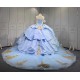 Mumuleo Sky Blue Gold Quinceanera Dresses Ball Gown Chapel Train Modern Satin Lace Print Natural Waist Teenagers Dresses 2026