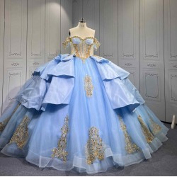 Mumuleo Sky Blue Gold Quinceanera Dresses Ball Gown Chapel Train Modern Satin Lace Print Natural Waist Teenagers Dresses 2026