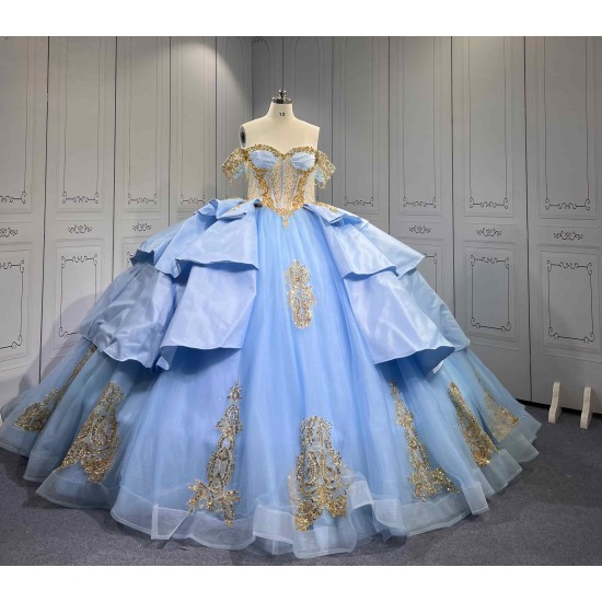 Mumuleo Sky Blue Gold Quinceanera Dresses Ball Gown Chapel Train Modern Satin Lace Print Natural Waist Teenagers Dresses 2026