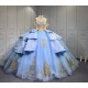 Mumuleo Sky Blue Gold Quinceanera Dresses Ball Gown Chapel Train Modern Satin Lace Print Natural Waist Teenagers Dresses 2026