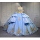 Mumuleo Sky Blue Gold Quinceanera Dresses Ball Gown Chapel Train Modern Satin Lace Print Natural Waist Teenagers Dresses 2026