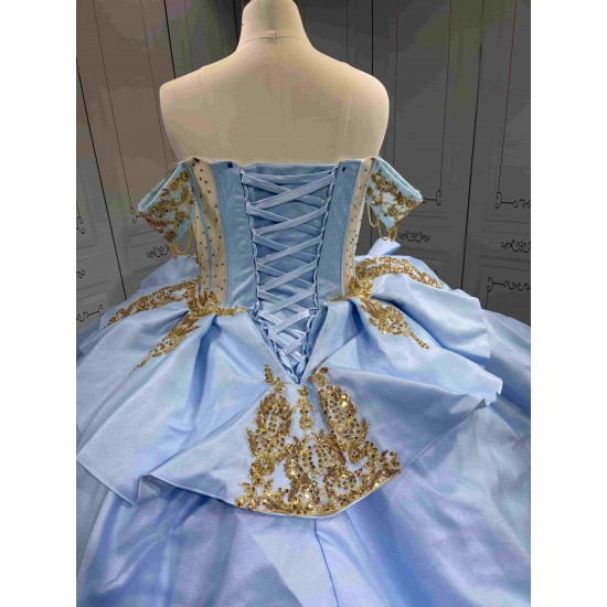 Mumuleo Sky Blue Gold Quinceanera Dresses Ball Gown Chapel Train Modern Satin Lace Print Natural Waist Teenagers Dresses 2026