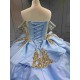 Mumuleo Sky Blue Gold Quinceanera Dresses Ball Gown Chapel Train Modern Satin Lace Print Natural Waist Teenagers Dresses 2026