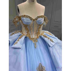 Mumuleo Sky Blue Gold Quinceanera Dresses Ball Gown Chapel Train Modern Satin Lace Print Natural Waist Teenagers Dresses 2026