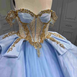 Mumuleo Sky Blue Gold Quinceanera Dresses Ball Gown Chapel Train Modern Satin Lace Print Natural Waist Teenagers Dresses 2026