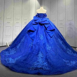 Mumuleo Royal Blue Floor-Length Ball Gown Quinceanera Dresses Chapel Train Modern Satin Print Knitted Lace for Teenagers 2026