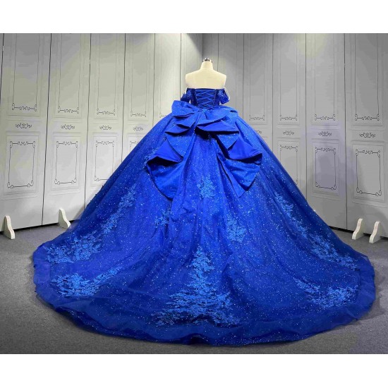 Mumuleo Royal Blue Floor-Length Ball Gown Quinceanera Dresses Chapel Train Modern Satin Print Knitted Lace for Teenagers 2026