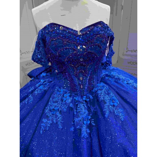 Mumuleo Royal Blue Floor-Length Ball Gown Quinceanera Dresses Chapel Train Modern Satin Print Knitted Lace for Teenagers 2026