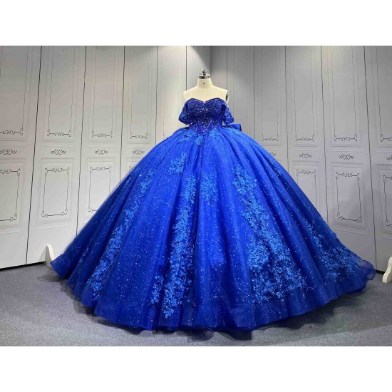 Mumuleo Royal Blue Floor-Length Ball Gown Quinceanera Dresses Chapel Train Modern Satin Print Knitted Lace for Teenagers 2026