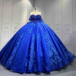 Mumuleo Royal Blue Floor-Length Ball Gown Quinceanera Dresses Chapel Train Modern Satin Print Knitted Lace for Teenagers 2026