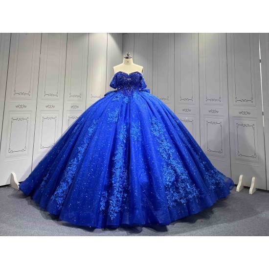 Mumuleo Royal Blue Floor-Length Ball Gown Quinceanera Dresses Chapel Train Modern Satin Print Knitted Lace for Teenagers 2026