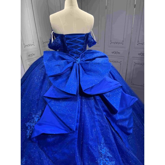 Mumuleo Royal Blue Floor-Length Ball Gown Quinceanera Dresses Chapel Train Modern Satin Print Knitted Lace for Teenagers 2026