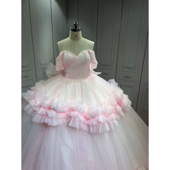 Mumuleo Light Pink Ball Gown Floor-Length Quinceanera Dresses Chapel Train Modern Satin Print Lace Luxury for Teenagers 2026