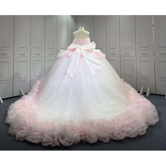 Mumuleo Light Pink Ball Gown Floor-Length Quinceanera Dresses Chapel Train Modern Satin Print Lace Luxury for Teenagers 2026