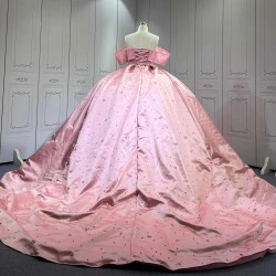 Mumuleo Luxury Mauve Pink Quinceanera Ball Gown Floor-Length Dresses 2026 Modern Chapel Train Satin Knitted Print