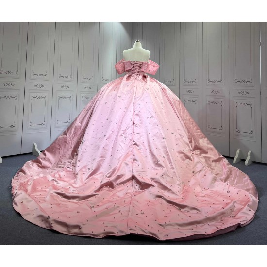 Mumuleo Luxury Mauve Pink Quinceanera Ball Gown Floor-Length Dresses 2026 Modern Chapel Train Satin Knitted Print