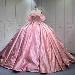 Mumuleo Luxury Mauve Pink Quinceanera Ball Gown Floor-Length Dresses 2026 Modern Chapel Train Satin Knitted Print