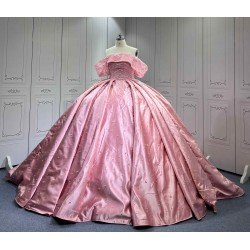 Mumuleo Luxury Mauve Pink Quinceanera Ball Gown Floor-Length Dresses 2026 Modern Chapel Train Satin Knitted Print