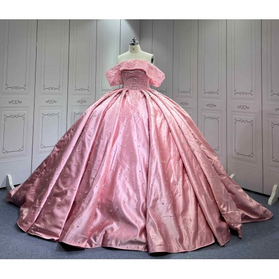Mumuleo Luxury Mauve Pink Quinceanera Ball Gown Floor-Length Dresses 2026 Modern Chapel Train Satin Knitted Print