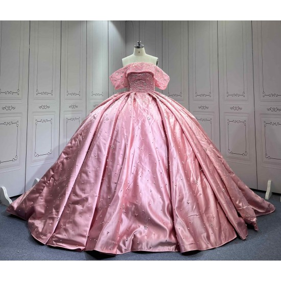 Mumuleo Luxury Mauve Pink Quinceanera Ball Gown Floor-Length Dresses 2026 Modern Chapel Train Satin Knitted Print