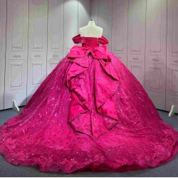 Mumuleo Fuchsia Quinceanera Ball Gown Floor-Length Modern Satin Chapel Train Lace Print Natural Waist Dresses for Teenagers 2026