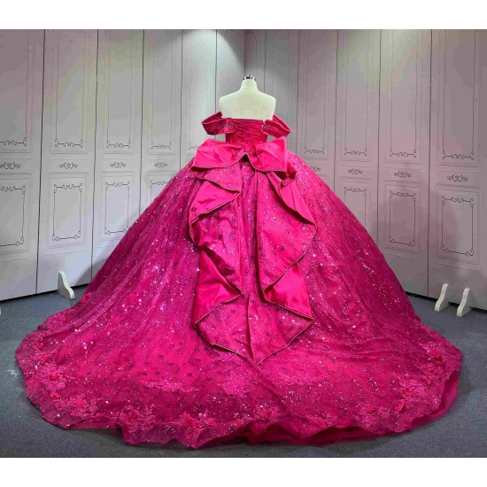 Mumuleo Fuchsia Quinceanera Ball Gown Floor-Length Modern Satin Chapel Train Lace Print Natural Waist Dresses for Teenagers 2026